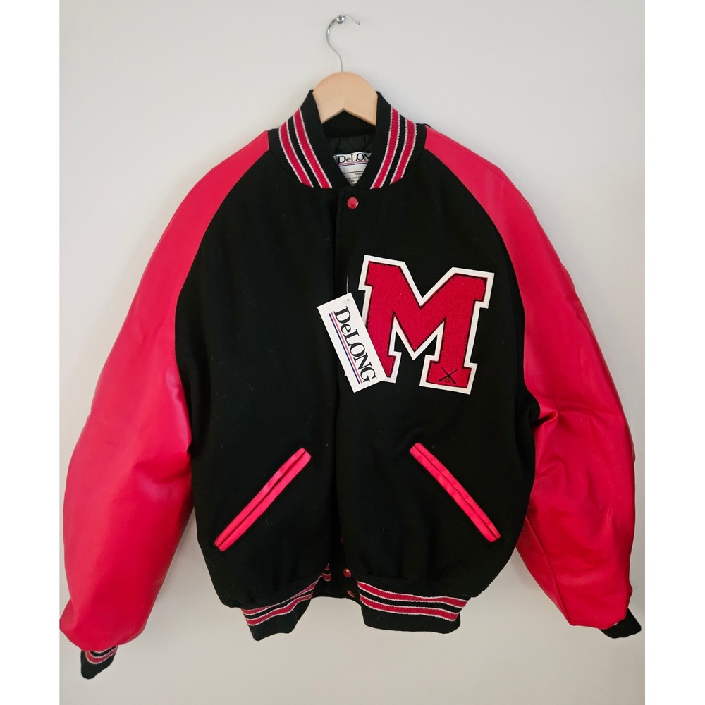 DeLONG Varsity Jacket Mens 2XL Black Red New Wool Letterman Baseball M Patch